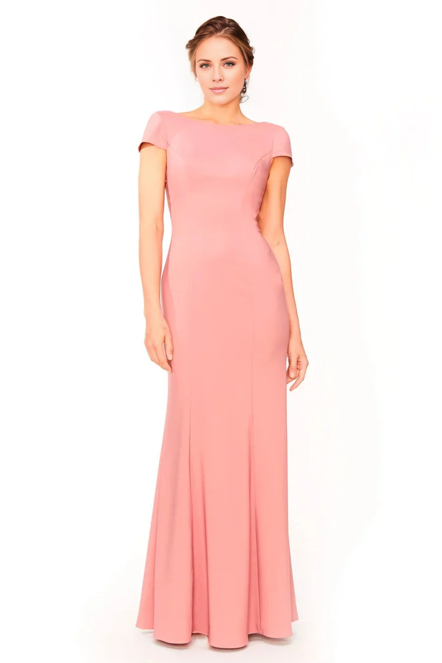 Jimiss boat neckline short sleeved backless and floor length Prom dress